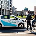 **

Prompt: Carsharing in Berlin, showcasing a diverse group of people (students, young professionals, families) using a shared electric vehicle in a modern urban setting. Focus on the convenience and accessibility, but subtly hint at the potential for increased traffic. Include recognizable Berlin landmarks in the background. Realistic, daytime lighting.

**