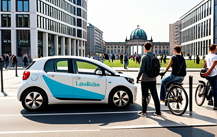 **
Prompt: Carsharing in Berlin, showcasing a diverse group of people (students, young professionals, families) using a shared electric vehicle in a modern urban setting. Focus on the convenience and accessibility, but subtly hint at the potential for increased traffic. Include recognizable Berlin landmarks in the background. Realistic, daytime lighting.
**