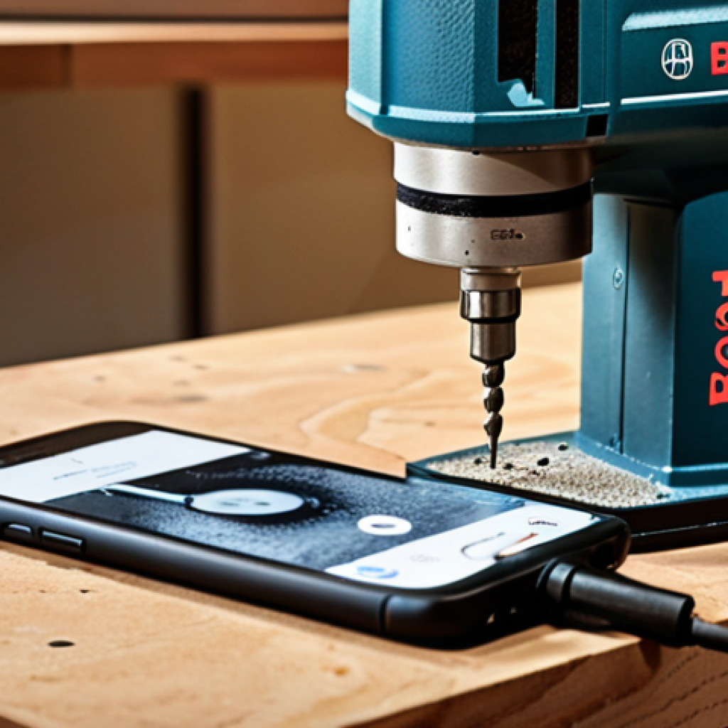 **Prompt:** Close-up of a drilling machine (a Bosch perhaps?) slightly used, placed on a table with dust, next to a smartphone displaying an online sharing platform's app. Focus on detail and texture, emphasizing the drill as an opportunity.