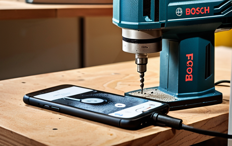 **Prompt:** Close-up of a drilling machine (a Bosch perhaps?) slightly used, placed on a table with dust, next to a smartphone displaying an online sharing platform's app. Focus on detail and texture, emphasizing the drill as an opportunity.