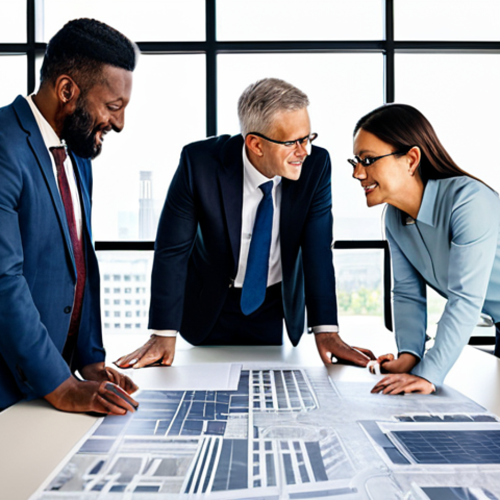 A diverse group of five urban planning professionals, two women and three men, in their late 30s to early 50s, dressed in modest business attire, are engaged in a constructive discussion around a large, modern conference table. They are collaborating on solutions for urban challenges, with blueprints and digital tablets visible. The background features a bright, contemporary city planning office with large windows overlooking a well-ordered cityscape. The atmosphere is collaborative and forward-thinking, fully clothed, appropriate attire, modest clothing, professional dress, safe for work, appropriate content, professional. Perfect anatomy, correct proportions, natural pose, well-formed hands, proper finger count, natural body proportions, professional photography, high quality, realistic.