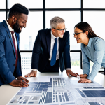 A diverse group of five urban planning professionals, two women and three men, in their late 30s to early 50s, dressed in modest business attire, are engaged in a constructive discussion around a large, modern conference table. They are collaborating on solutions for urban challenges, with blueprints and digital tablets visible. The background features a bright, contemporary city planning office with large windows overlooking a well-ordered cityscape. The atmosphere is collaborative and forward-thinking, fully clothed, appropriate attire, modest clothing, professional dress, safe for work, appropriate content, professional. Perfect anatomy, correct proportions, natural pose, well-formed hands, proper finger count, natural body proportions, professional photography, high quality, realistic.