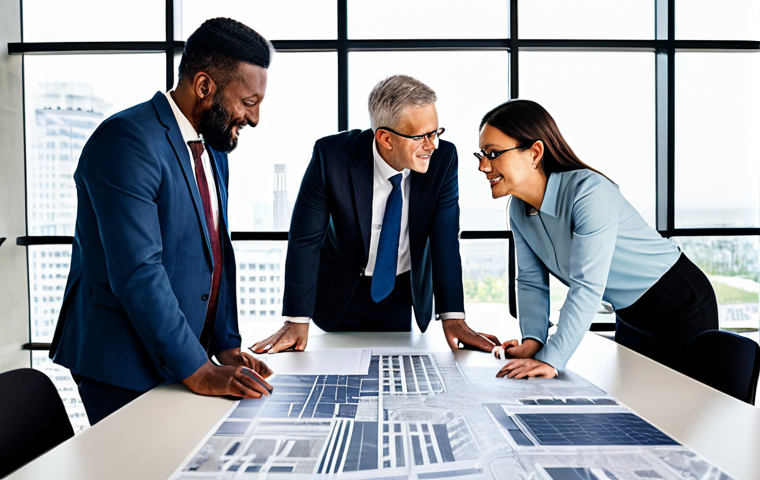 A diverse group of five urban planning professionals, two women and three men, in their late 30s to early 50s, dressed in modest business attire, are engaged in a constructive discussion around a large, modern conference table. They are collaborating on solutions for urban challenges, with blueprints and digital tablets visible. The background features a bright, contemporary city planning office with large windows overlooking a well-ordered cityscape. The atmosphere is collaborative and forward-thinking, fully clothed, appropriate attire, modest clothing, professional dress, safe for work, appropriate content, professional. Perfect anatomy, correct proportions, natural pose, well-formed hands, proper finger count, natural body proportions, professional photography, high quality, realistic.