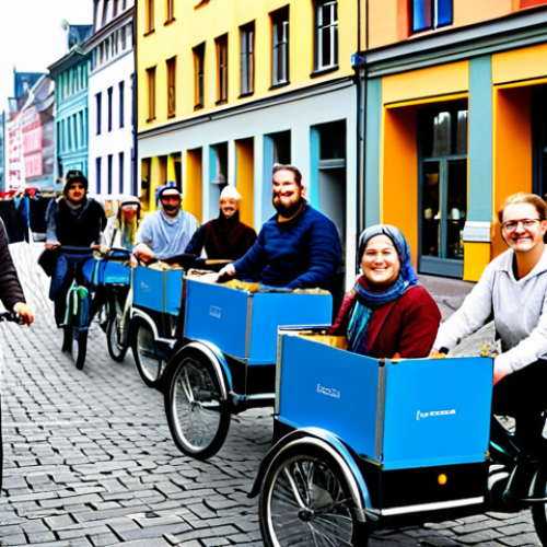 Home 8 Crowdfunding Success - Lastenrad Initiative**
"A group of diverse, smiling people gathered around several cargo bikes (Lastenräder) in a pedestrian-friendly area of Hamburg, Germany, fully clothed in everyday, modest clothing, appropriate for cycling. In the background, colorful buildings and a bustling market scene. Focus on community spirit and sustainable transportation. safe for work, appropriate content, professional photography, perfect anatomy, correct proportions, well-formed hands, proper finger count, natural body proportions, family-friendly."
**