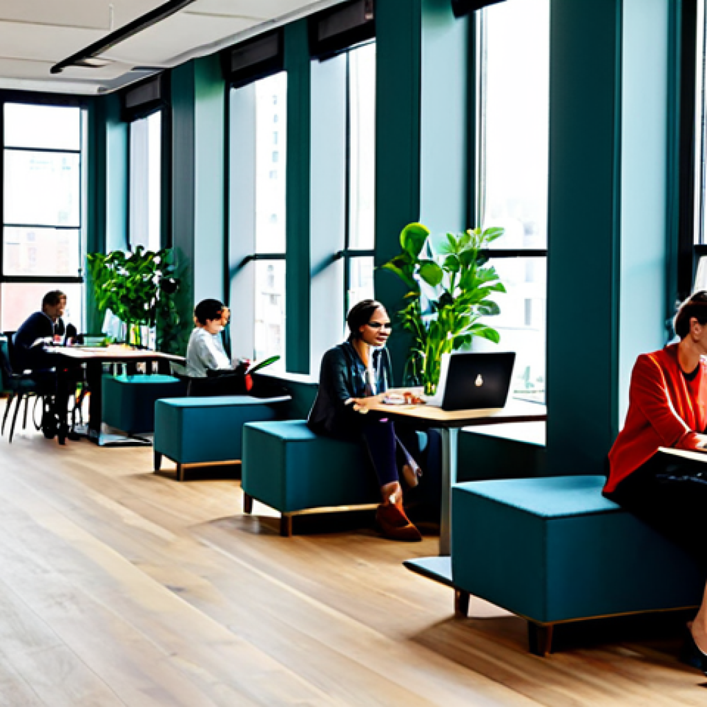 공유경제에서의 사용자 경험 향상 - Modern Co-Working Space**
"A bright, modern co-working space filled with diverse professionals work...