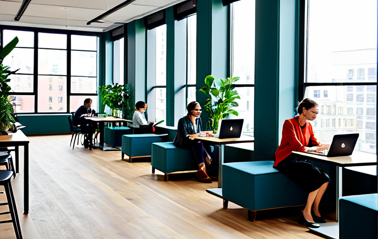 공유경제에서의 사용자 경험 향상 - Modern Co-Working Space**
"A bright, modern co-working space filled with diverse professionals work...