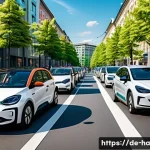 공유경제의 해외 성공 사례 분석 - A vibrant urban scene in Berlin showcasing a diverse group of people using a carsharing service. The...