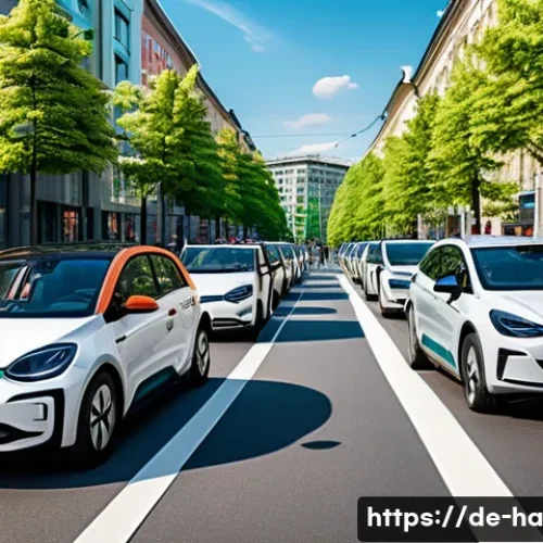 공유경제의 해외 성공 사례 분석 - A vibrant urban scene in Berlin showcasing a diverse group of people using a carsharing service. The...