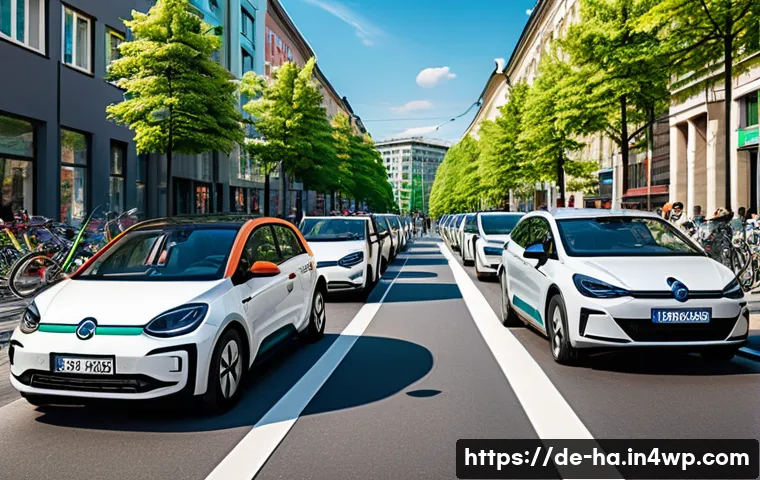 공유경제의 해외 성공 사례 분석 - A vibrant urban scene in Berlin showcasing a diverse group of people using a carsharing service. The...