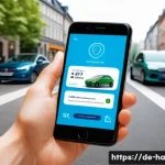 공유경제의 자원 관리 전략 - A modern urban scene showcasing a diverse group of people using a sleek carsharing app on smartphone...