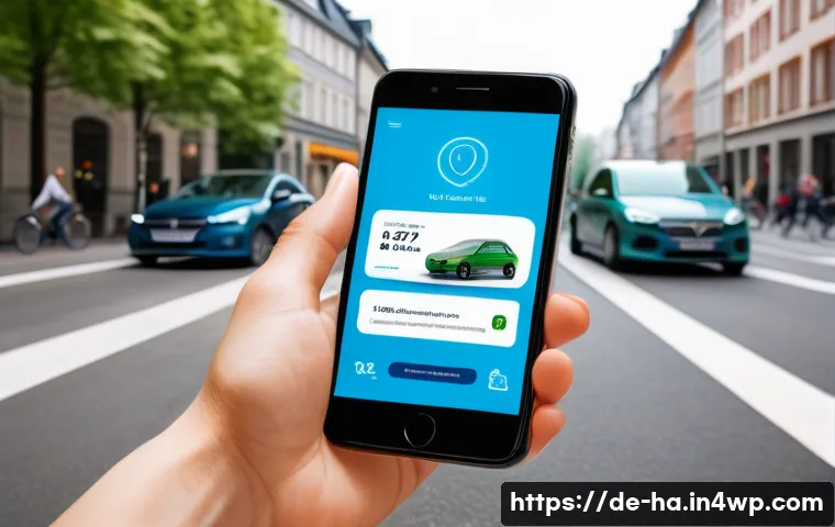 공유경제의 자원 관리 전략 - A modern urban scene showcasing a diverse group of people using a sleek carsharing app on smartphone...