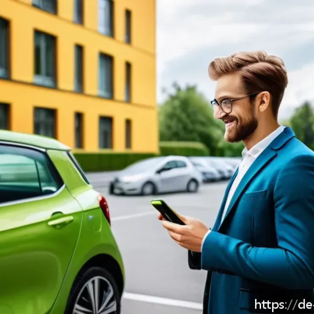 비즈니스 모델로서의 공유경제 - A vibrant urban scene in Germany showing diverse people engaging in a carsharing exchange at a moder...