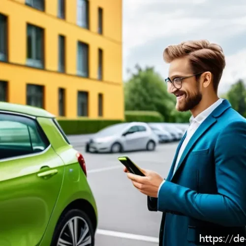 비즈니스 모델로서의 공유경제 - A vibrant urban scene in Germany showing diverse people engaging in a carsharing exchange at a moder...