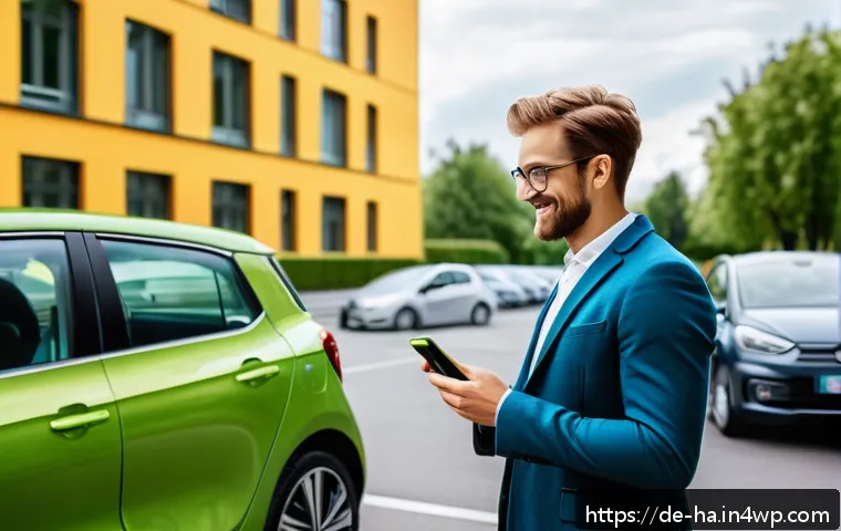 비즈니스 모델로서의 공유경제 - A vibrant urban scene in Germany showing diverse people engaging in a carsharing exchange at a moder...
