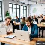공유경제 스타트업 성공 전략 - A vibrant, modern co-working space in Berlin filled with diverse young professionals actively engagi...