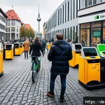 렌탈 서비스의 공유경제적 접근 - A vibrant urban scene in Berlin showcasing a diverse group of people engaging in a sharing economy m...