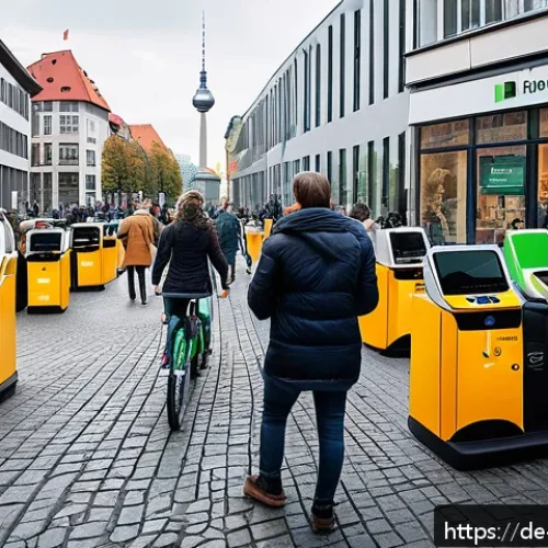 렌탈 서비스의 공유경제적 접근 - A vibrant urban scene in Berlin showcasing a diverse group of people engaging in a sharing economy m...
