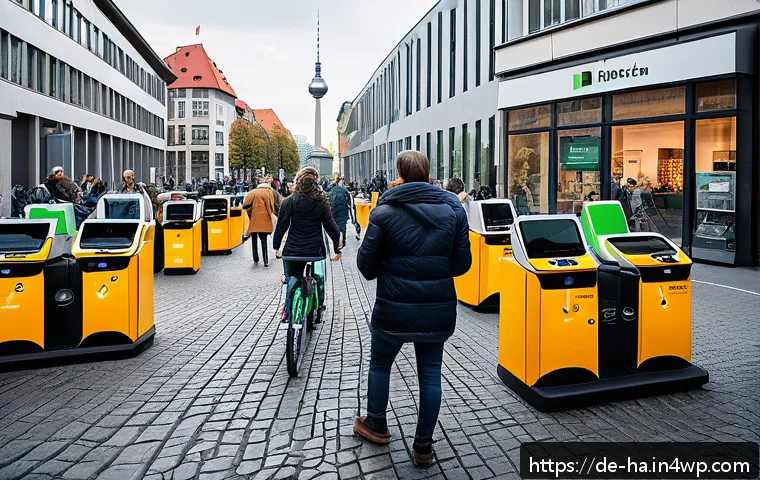 렌탈 서비스의 공유경제적 접근 - A vibrant urban scene in Berlin showcasing a diverse group of people engaging in a sharing economy m...